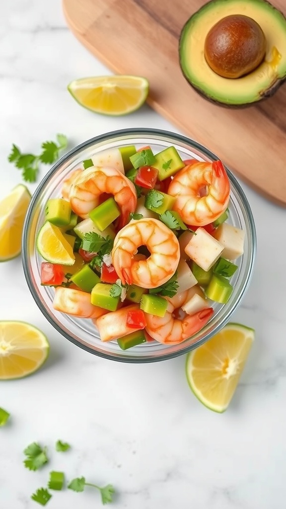 A bowl of avocado shrimp ceviche with lime and cilantro on a marble surface.