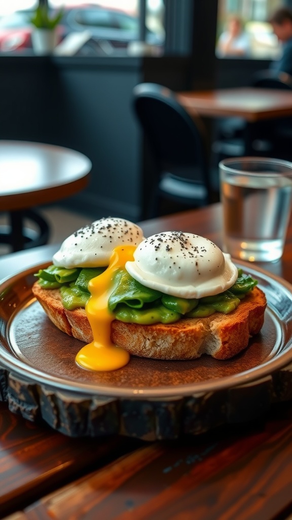 Avocado toast topped with poached eggs and a drizzle of yolk on a wooden table