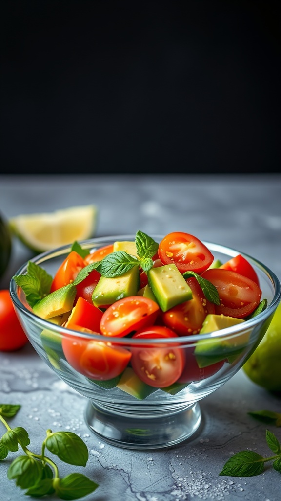 A fresh avocado tomato salad in a glass bowl with green peppers and mint leaves