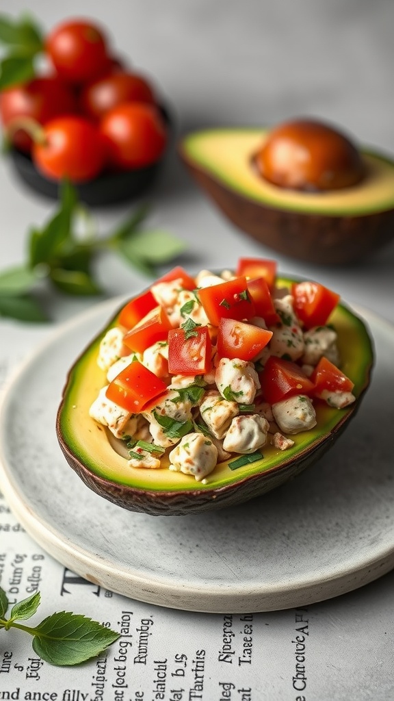 A plate of avocado tuna salad topped with diced tomatoes, on a grey background.