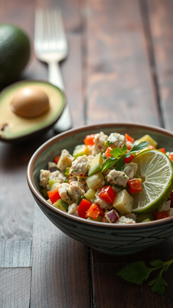 A bowl of avocado tuna salad with colorful vegetables and lime garnish.