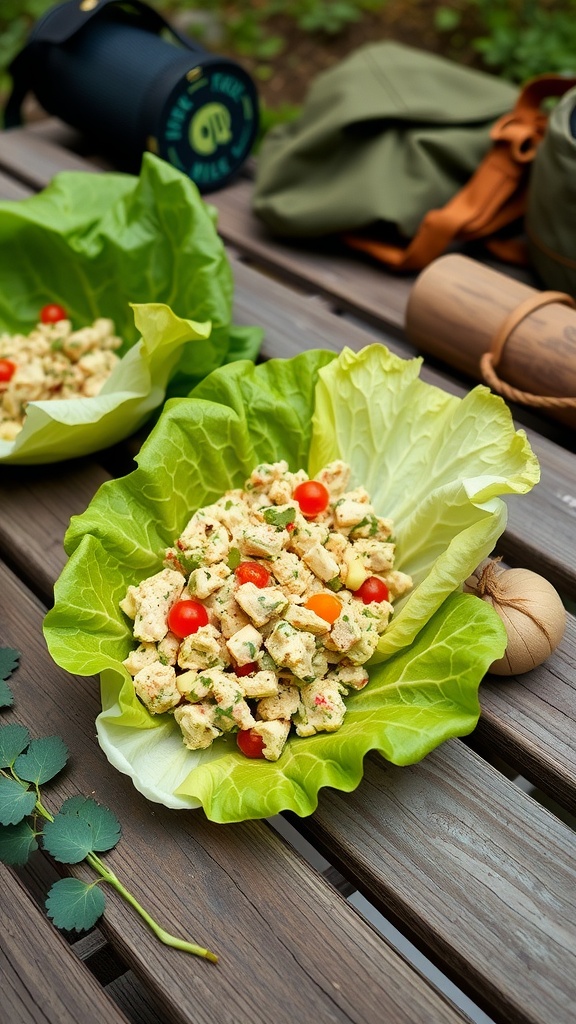 Avocado tuna salad in lettuce wraps on a wooden table with camping gear in the background.