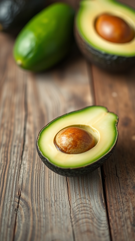 A halved avocado with a shiny pit on a rustic wooden surface