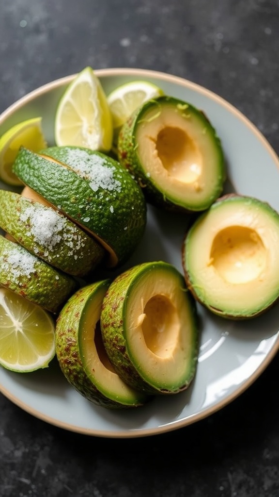 A plate with sliced avocados and lime wedges