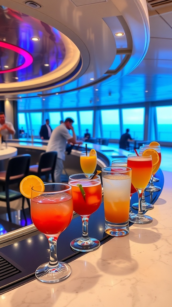 A variety of colorful cocktails and drinks displayed at a cruise ship bar.