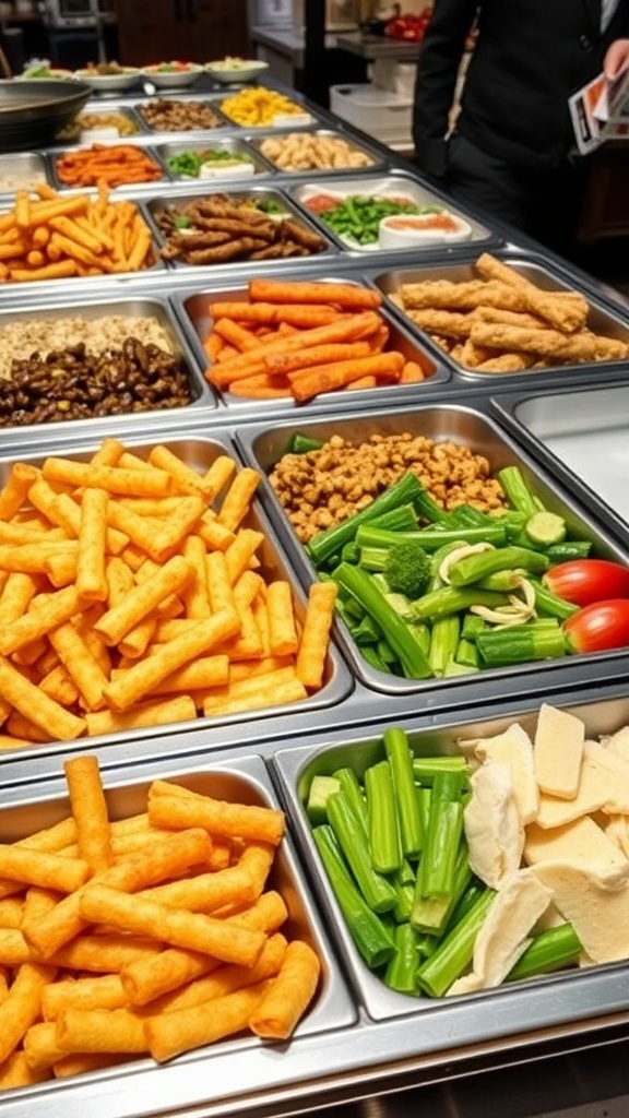 A buffet filled with various food options, including starchy items like fries and grains.