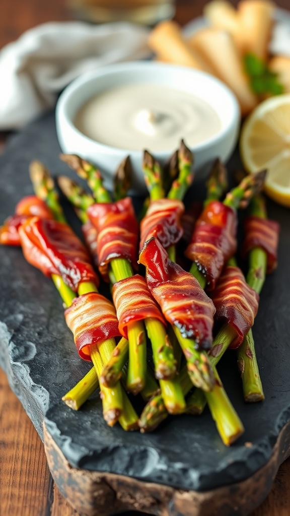 A plate of bacon-wrapped asparagus with a slice of lemon.