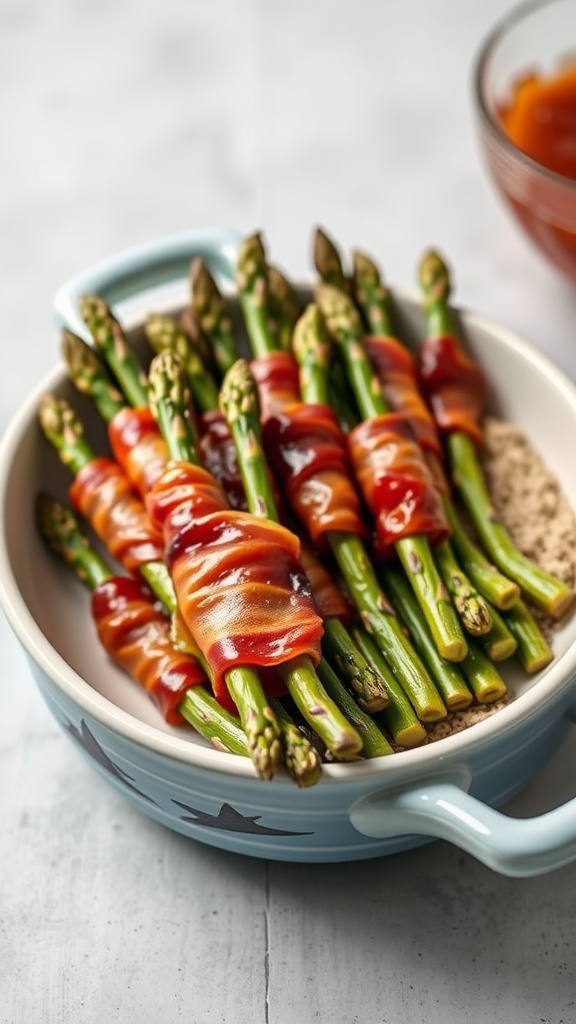 Bacon-wrapped asparagus spears on a plate with lemon slices