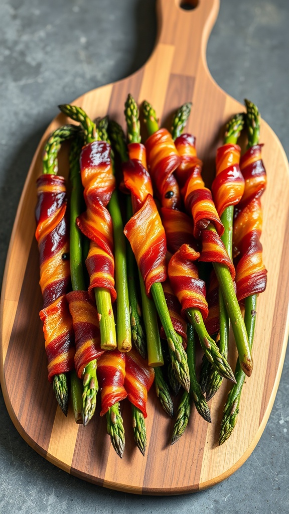 Bacon-wrapped asparagus arranged on a wooden cutting board