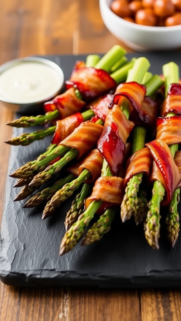 Bacon-wrapped asparagus on a slate platter.