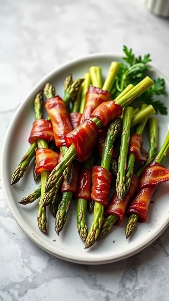 Bacon-wrapped asparagus on a plate