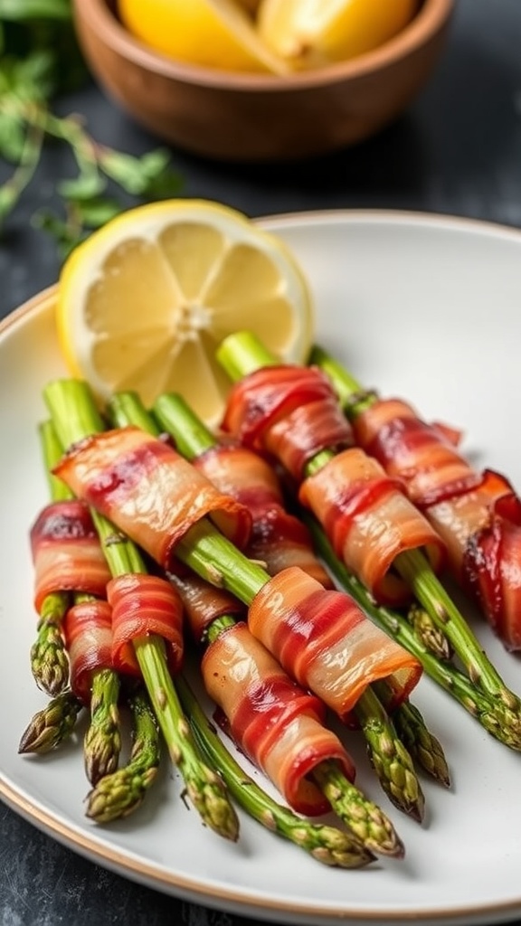 Plate of bacon-wrapped asparagus with lemon slices