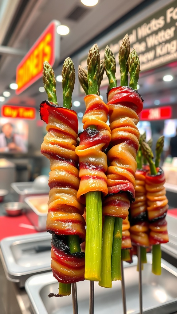 Bacon-wrapped asparagus skewers displayed in an airport terminal