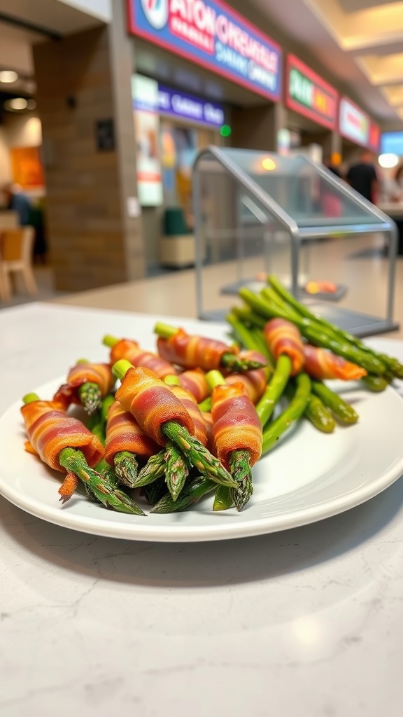 A plate of bacon-wrapped asparagus at a food court.