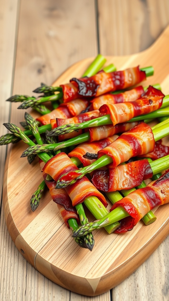 A delicious arrangement of bacon-wrapped asparagus on a wooden platter.