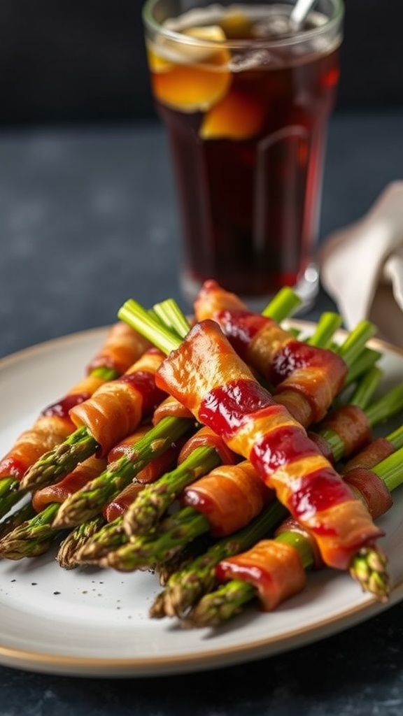 A plate of bacon-wrapped asparagus with a drink in the background.