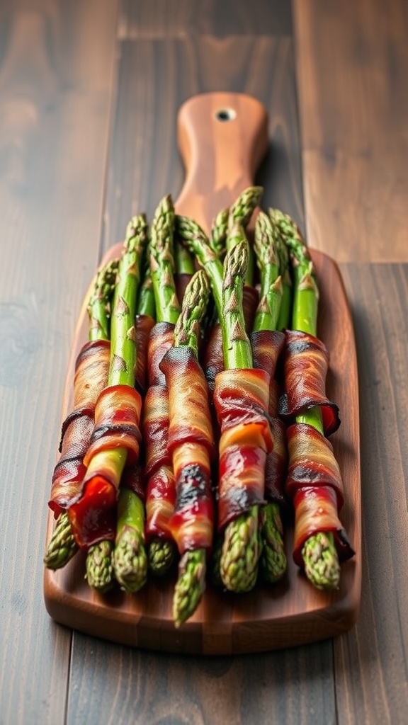 A wooden cutting board with bacon-wrapped asparagus.