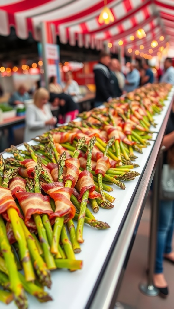 A plate of bacon-wrapped asparagus at a street festival.