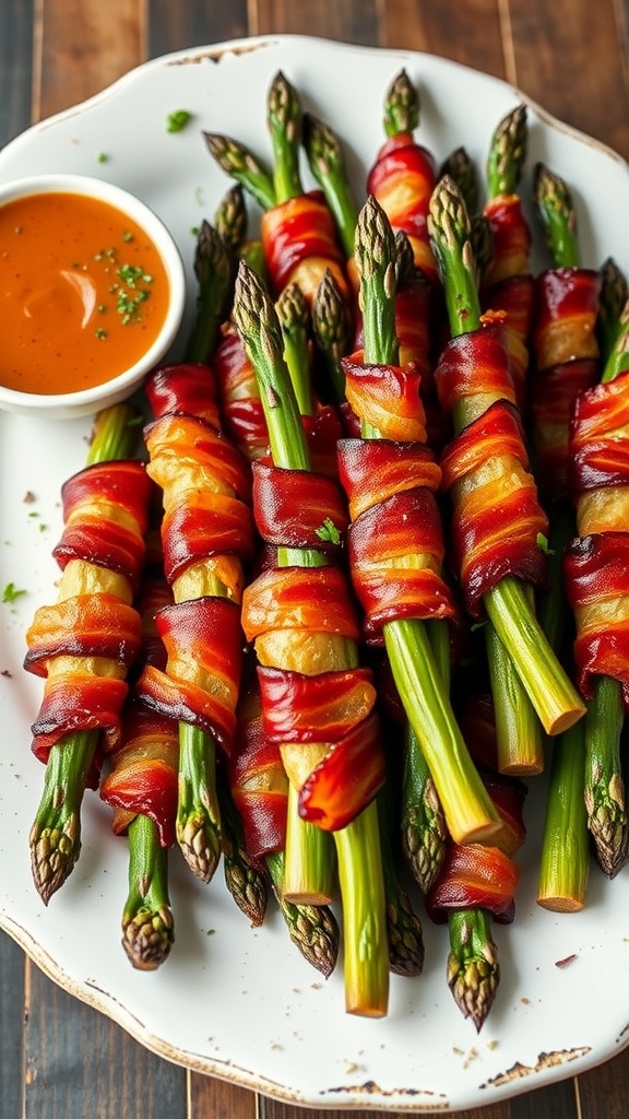 Bacon-wrapped asparagus on a plate with a dipping sauce