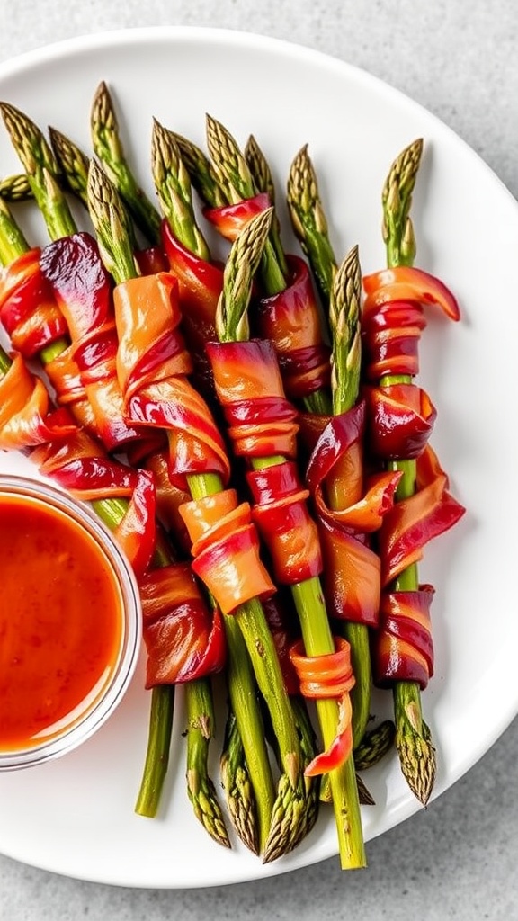 A plate of bacon-wrapped asparagus arranged neatly.