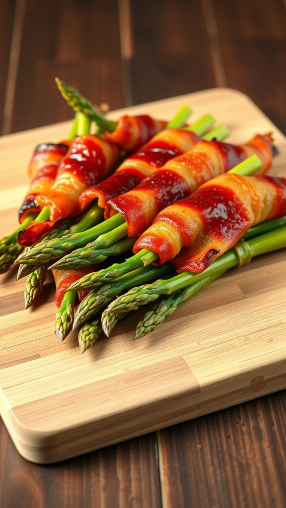 A plate of bacon-wrapped asparagus on a wooden cutting board.