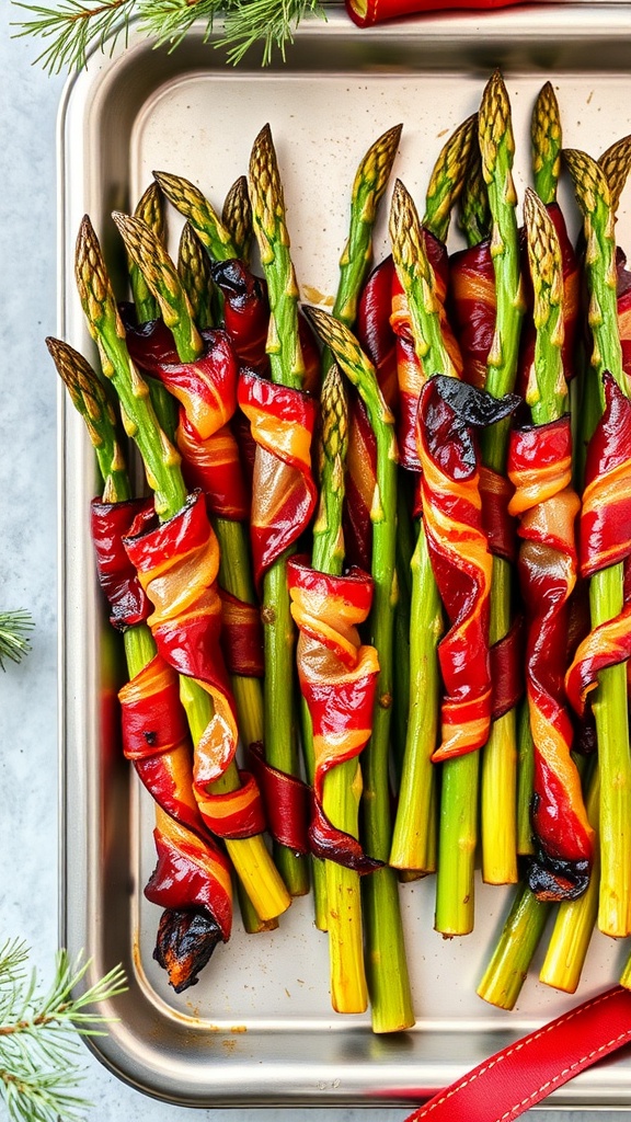 A tray of bacon-wrapped asparagus with a festive ribbon.