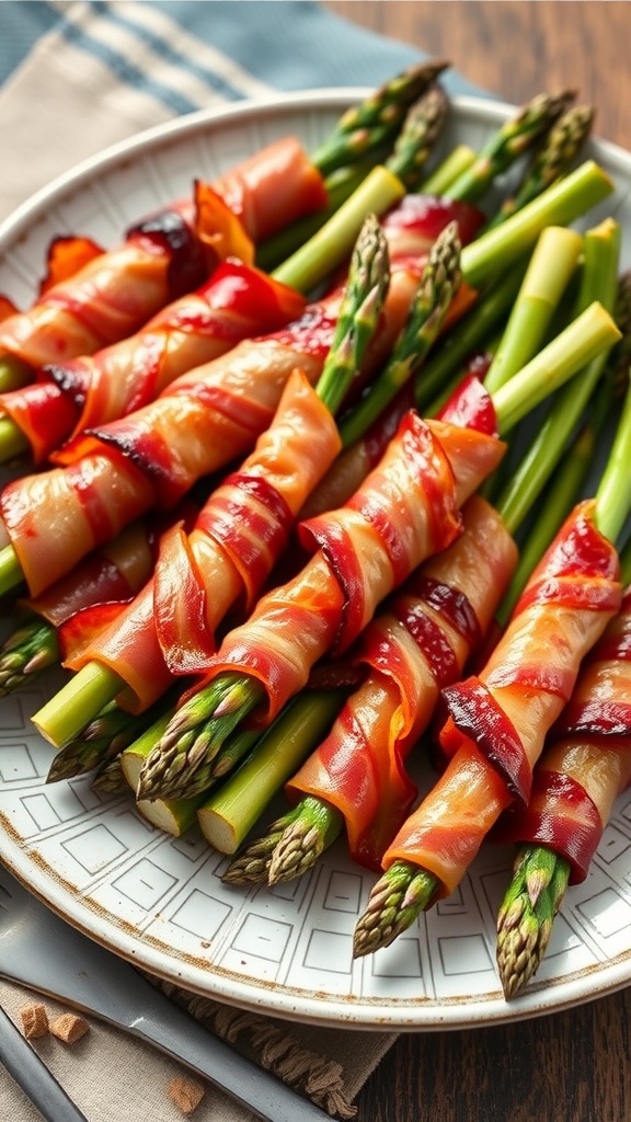 A plate of bacon-wrapped asparagus spears arranged neatly.