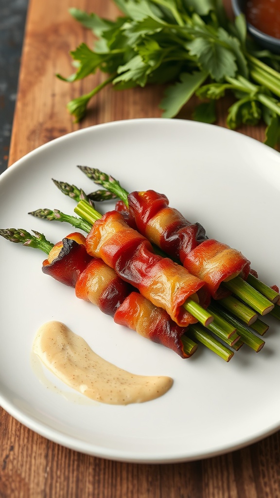 A plate of bacon-wrapped asparagus with a creamy dipping sauce.