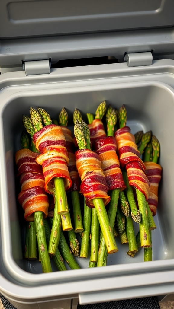 A tray of bacon-wrapped asparagus bites next to a small bowl of dipping sauce.