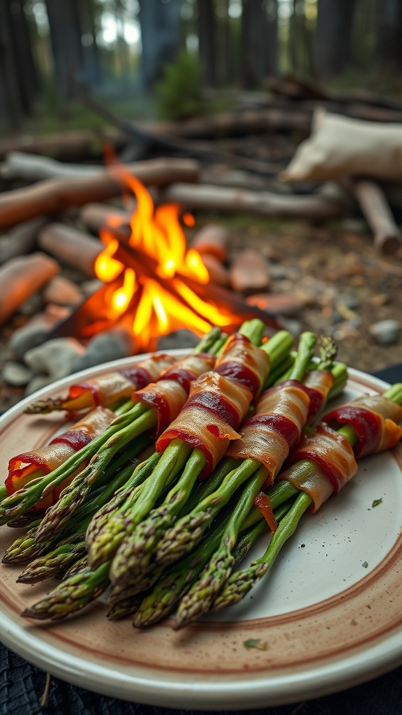 A close-up of bacon-wrapped asparagus bundles on a beach picnic setting with a basket.