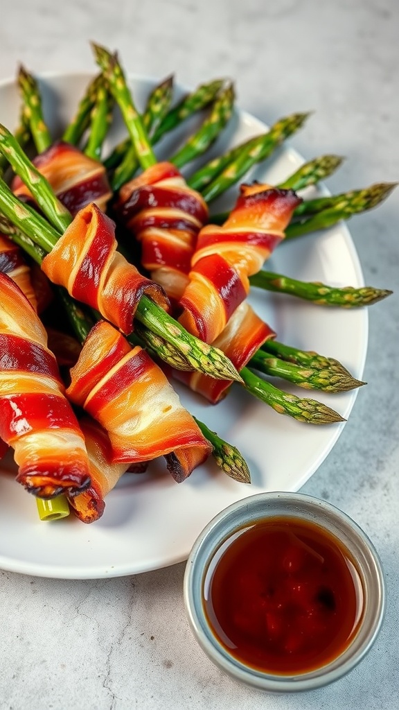 A plate of bacon-wrapped asparagus bundles with a small bowl of dipping sauce.