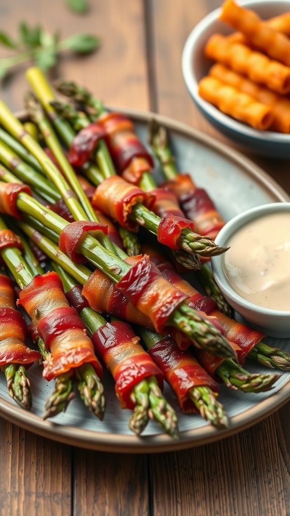 Plate of bacon-wrapped asparagus bundles with a dipping sauce