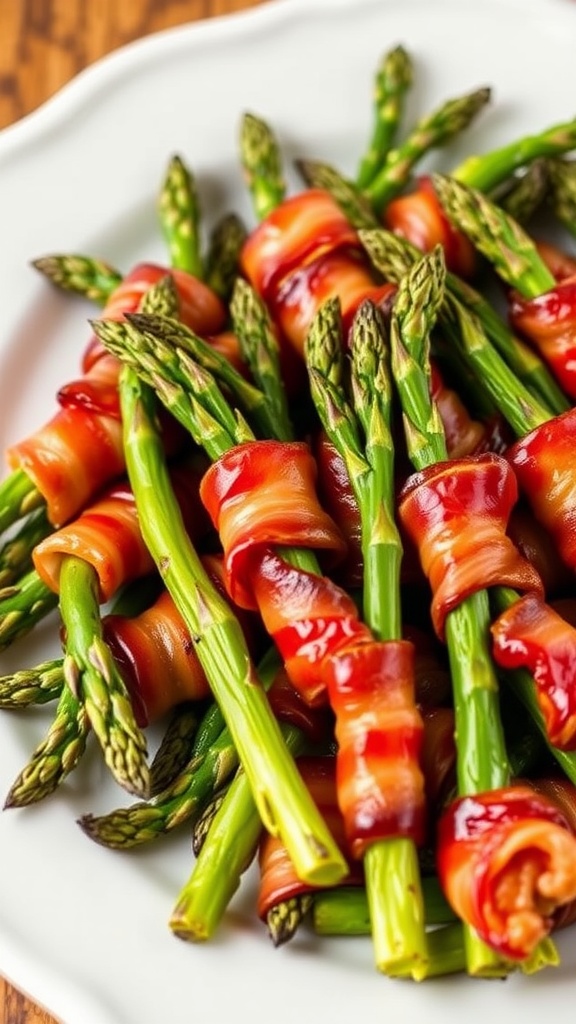 A plate of bacon-wrapped asparagus bundles, showcasing the crispy bacon and fresh asparagus.