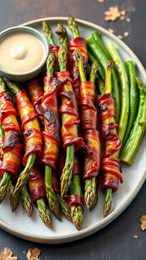 A plate of bacon-wrapped asparagus bundles.