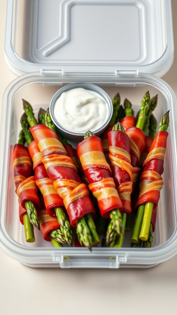 Bacon-wrapped asparagus sticks in a lunchbox with a dipping sauce