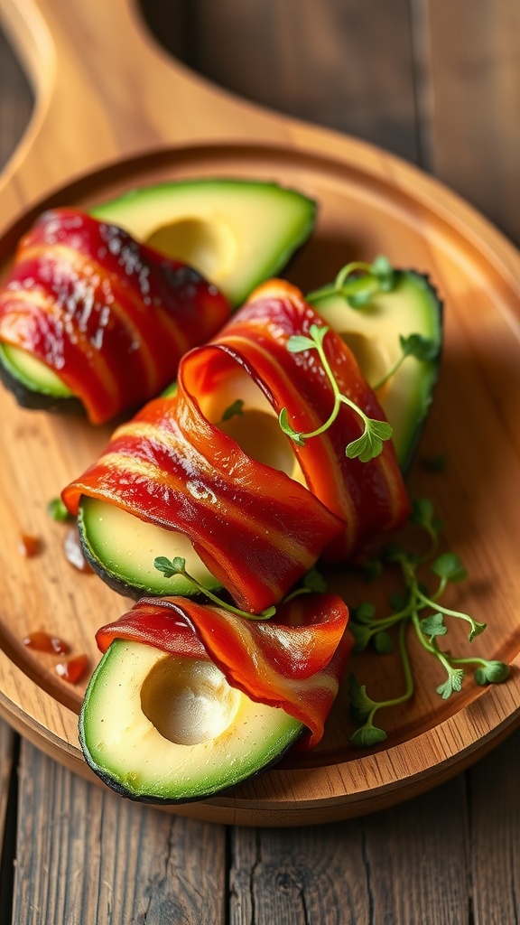 Bacon-wrapped avocado pieces on a wooden plate with fresh greens.