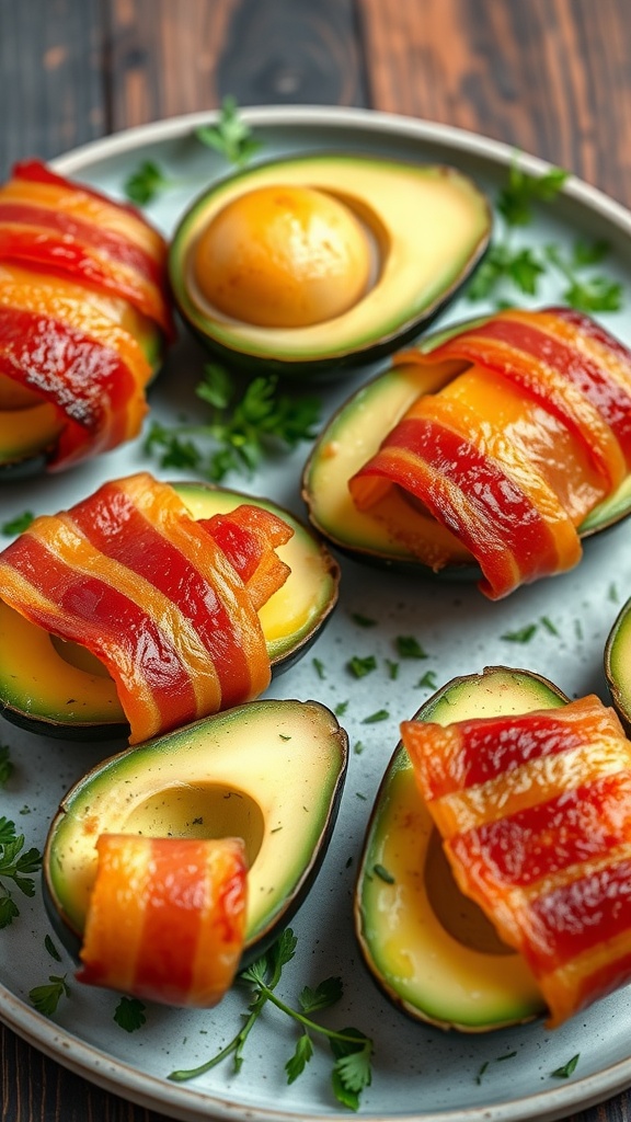 Plate of bacon-wrapped avocado slices garnished with herbs.