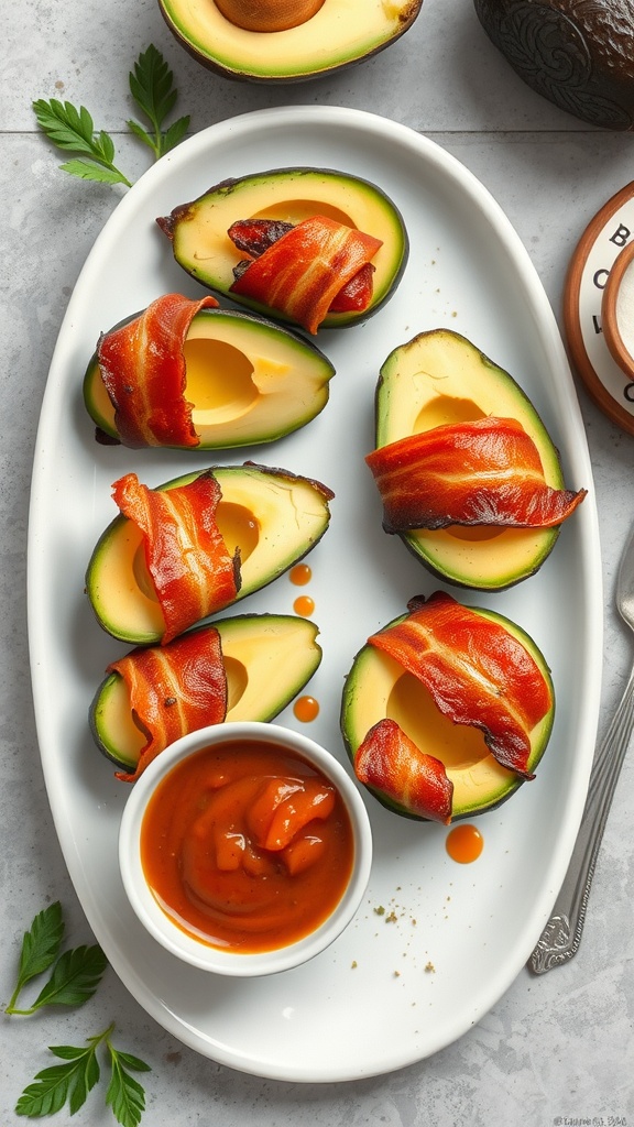 Bacon-wrapped avocado slices on a white plate with dipping sauce.