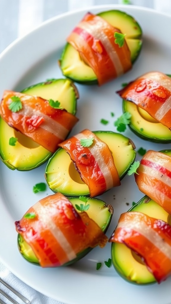 A plate of bacon-wrapped avocado slices garnished with herbs.