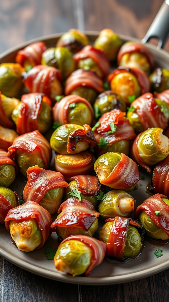 A platter of bacon-wrapped Brussels sprouts garnished with green herbs.