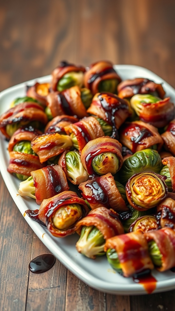 A plate of bacon-wrapped Brussels sprouts drizzled with sauce.