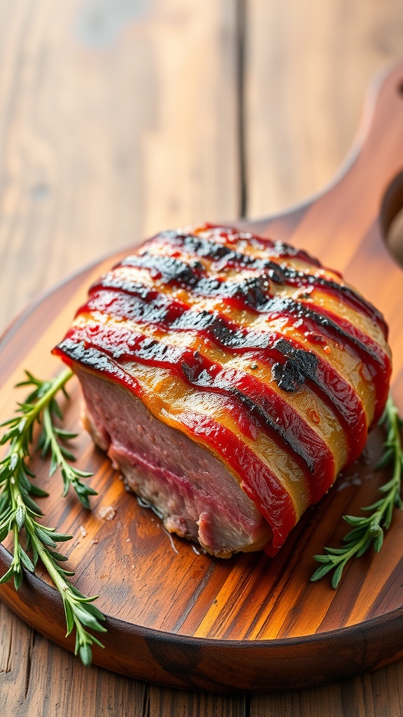 A beautifully cooked bacon-wrapped filet mignon on a wooden platter garnished with herbs.