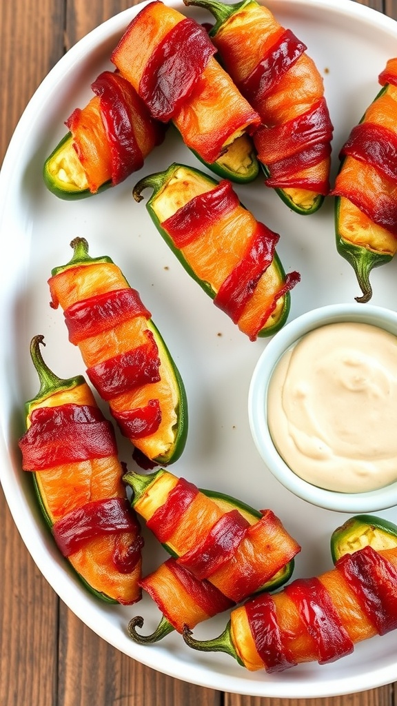 A plate of bacon-wrapped jalapeno poppers with a creamy dipping sauce