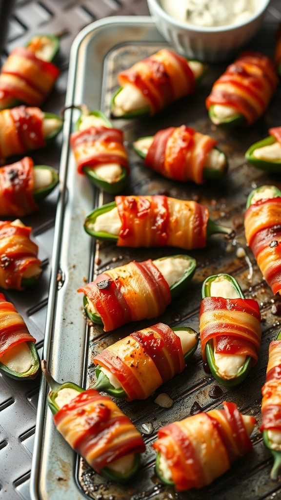 Bacon-wrapped jalapeño poppers on a baking tray with a bowl of dipping sauce.