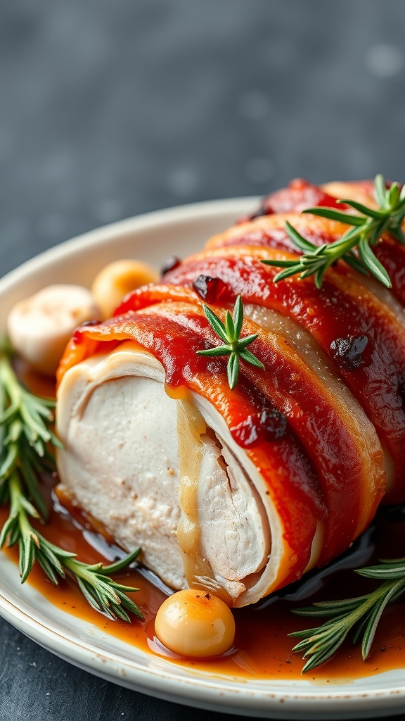 A plate of bacon-wrapped pork tenderloin garnished with rosemary and accompanied by small round vegetables.