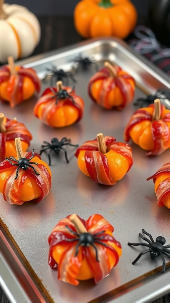 A tray of bacon-wrapped pumpkin bites shaped like pumpkins, decorated with fake spiders.