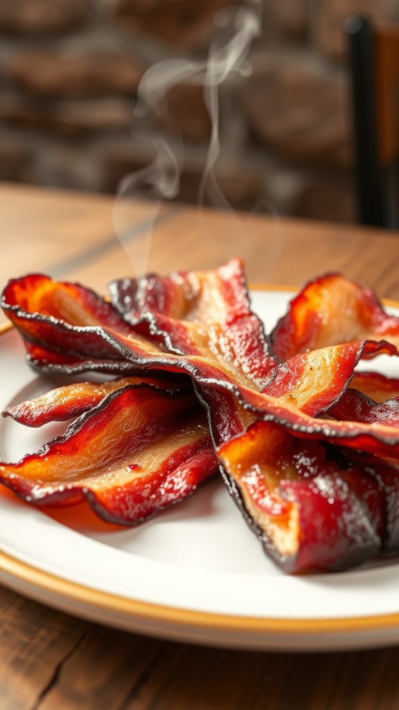 A plate of crispy bacon strips, steam rising, on a wooden table.