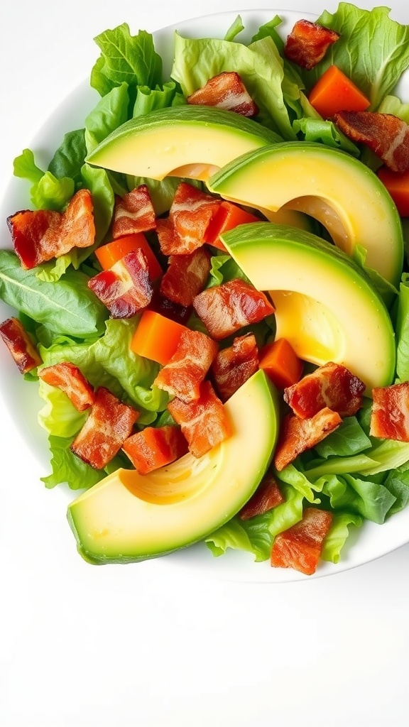 A vibrant salad featuring fresh greens, slices of avocado, and crispy bacon bits.