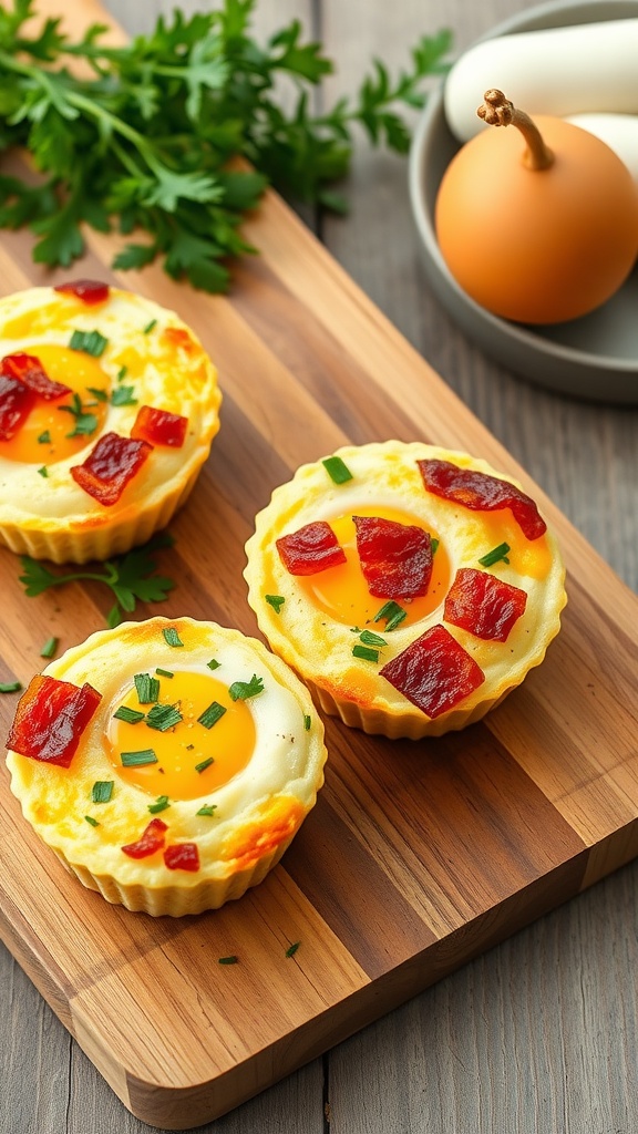 Bacon and egg breakfast muffins on a wooden board with fresh herbs.