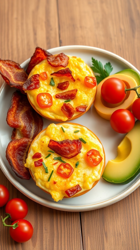 Delicious bacon and egg breakfast muffins with tomatoes and greens on a plate, accompanied by bacon and melons.